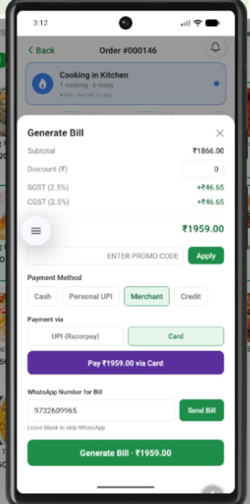 CurryCloud mobile app generate bill